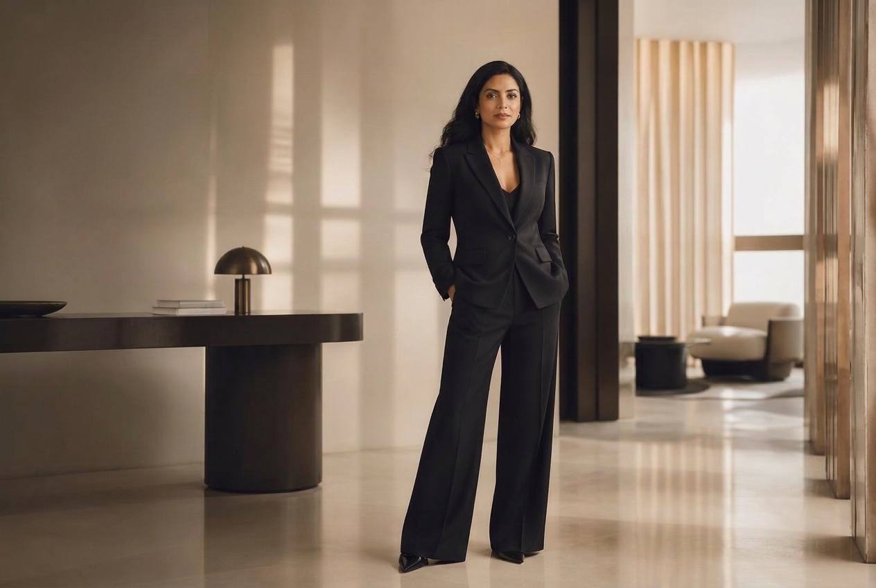 Woman in a tailored black HANG suit in a modern office lobby